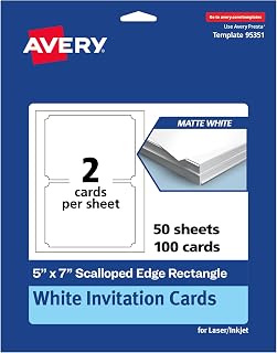 Printable Rectangle Cards with Scalloped Edges, 5" x 7", Matte White Cardstock, Laser & Inkjet Printable, 100 Total, Great for Invitations, Thank You Messages, and More