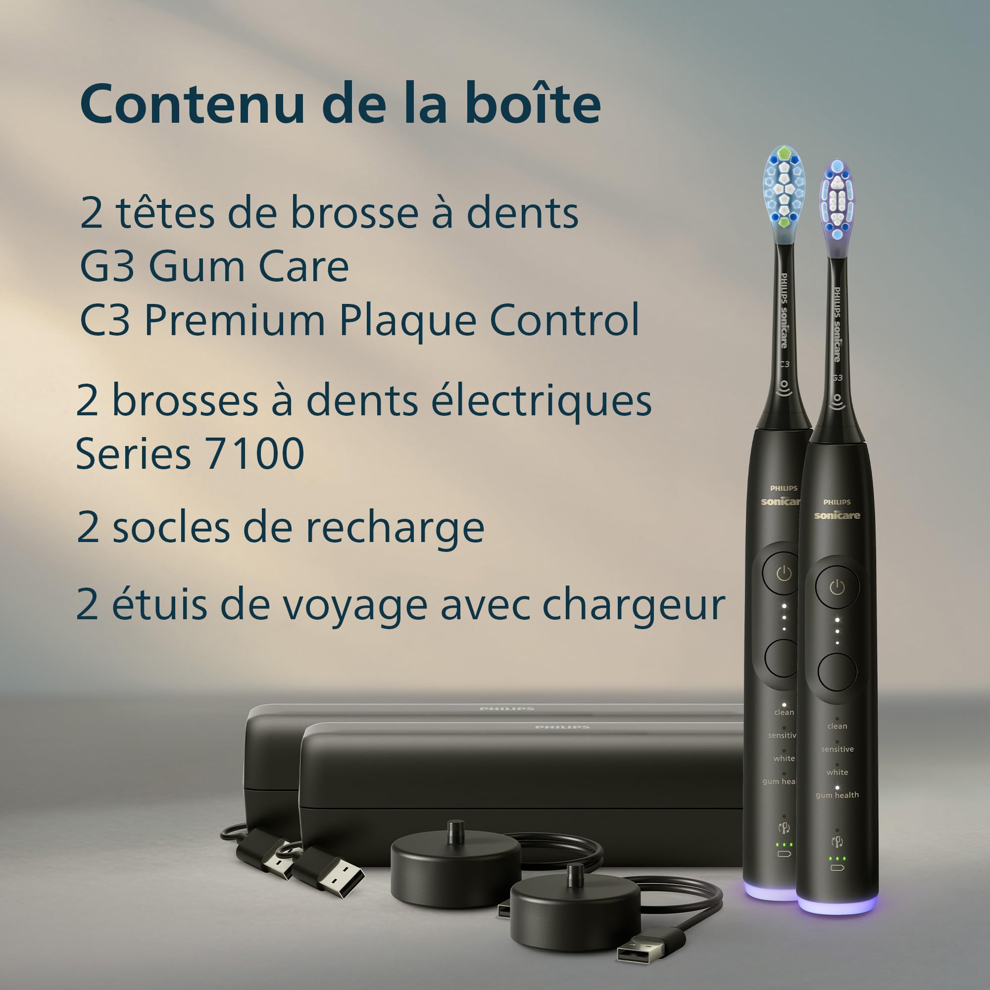 Philips Sonicare 7100 - Brosse à dents électrique sonique avec application, 4 modes de brossage et 3 niveaux d'intensité, Alerte de pression, EasyStart, SmarTimer et BrushPacer, Pack de 2, HX7429/03