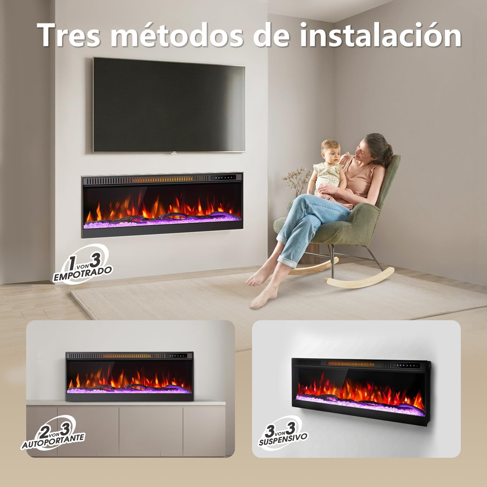 60 Pulgadas eléctrica Chimenea 152cm 3D Efecto Llama Control Remoto sin batería
