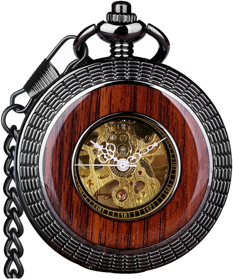 Men's Hand-Wind Mechanical Pocket Watch Vintage Steampunk Wood Grain Hollow Design with Chain and Box