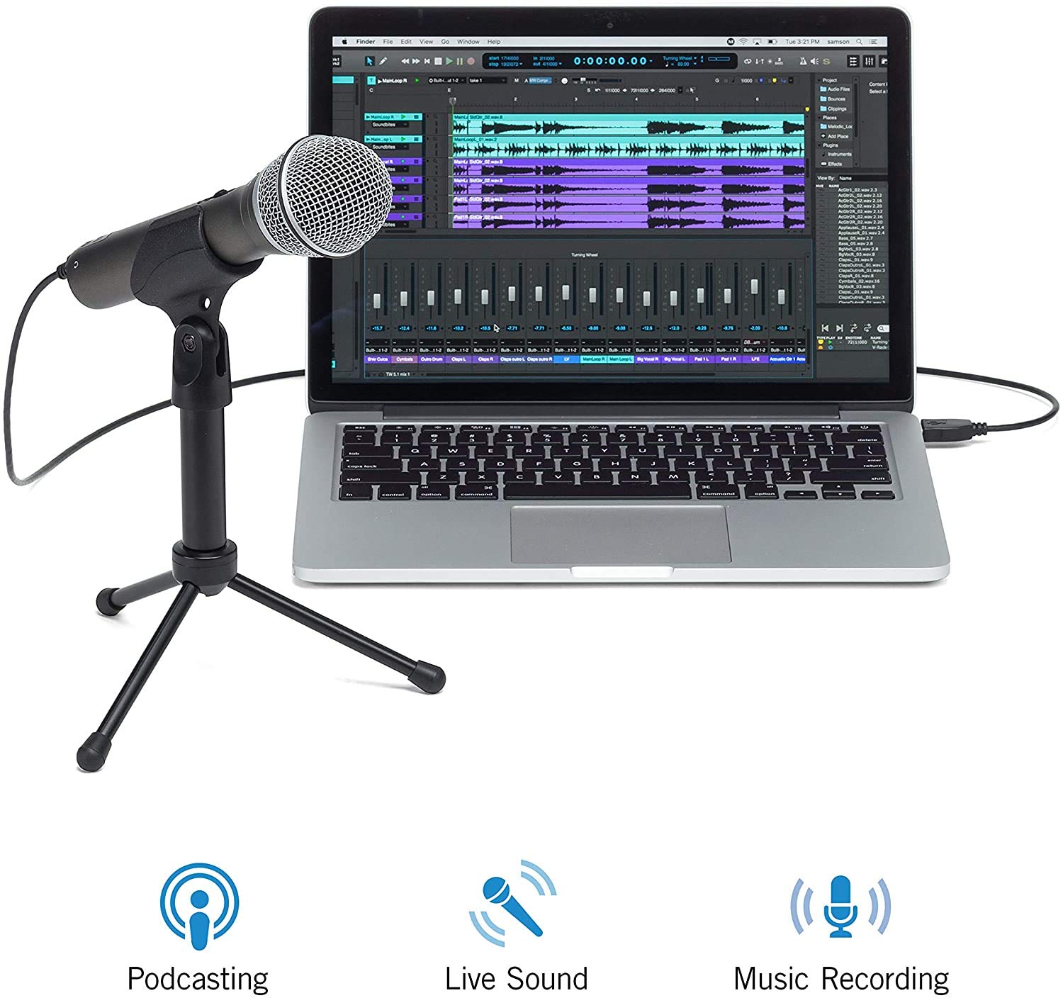 FYH Technologies Q2U Kit d'enregistrement et de baladodiffusion avec microphone dynamique USB/XLR avec clip pour micro, support de bureau, pare-brise et câbles Argenté