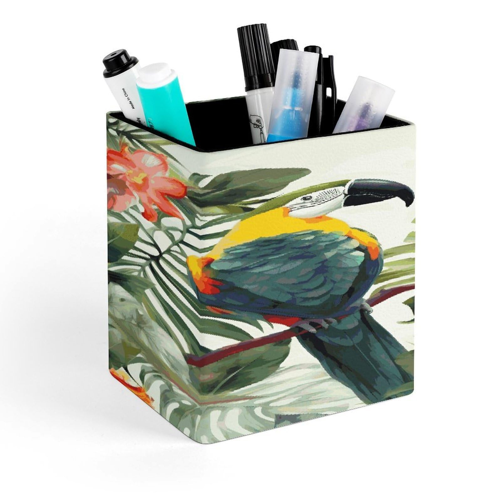 JTREHY Toucans Parrot Palm Tree Leaves Pen Holder Square Pen Pencil Holder Makeup Brush Holders Cup PU Leather Pencil Cups Desktop Caddy Stationery Organizer Case Office Accessories Container Box