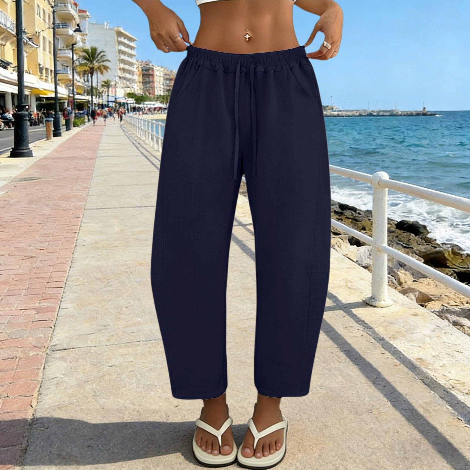 Generisch Barrel Pantalon d'été léger pour femme - Pantalon d'été large - Pantalon bombé - Pantalon long en lin - Taille haute - Décontracté - Avec poches - Pantalon de loisirs - Pantalon de plage