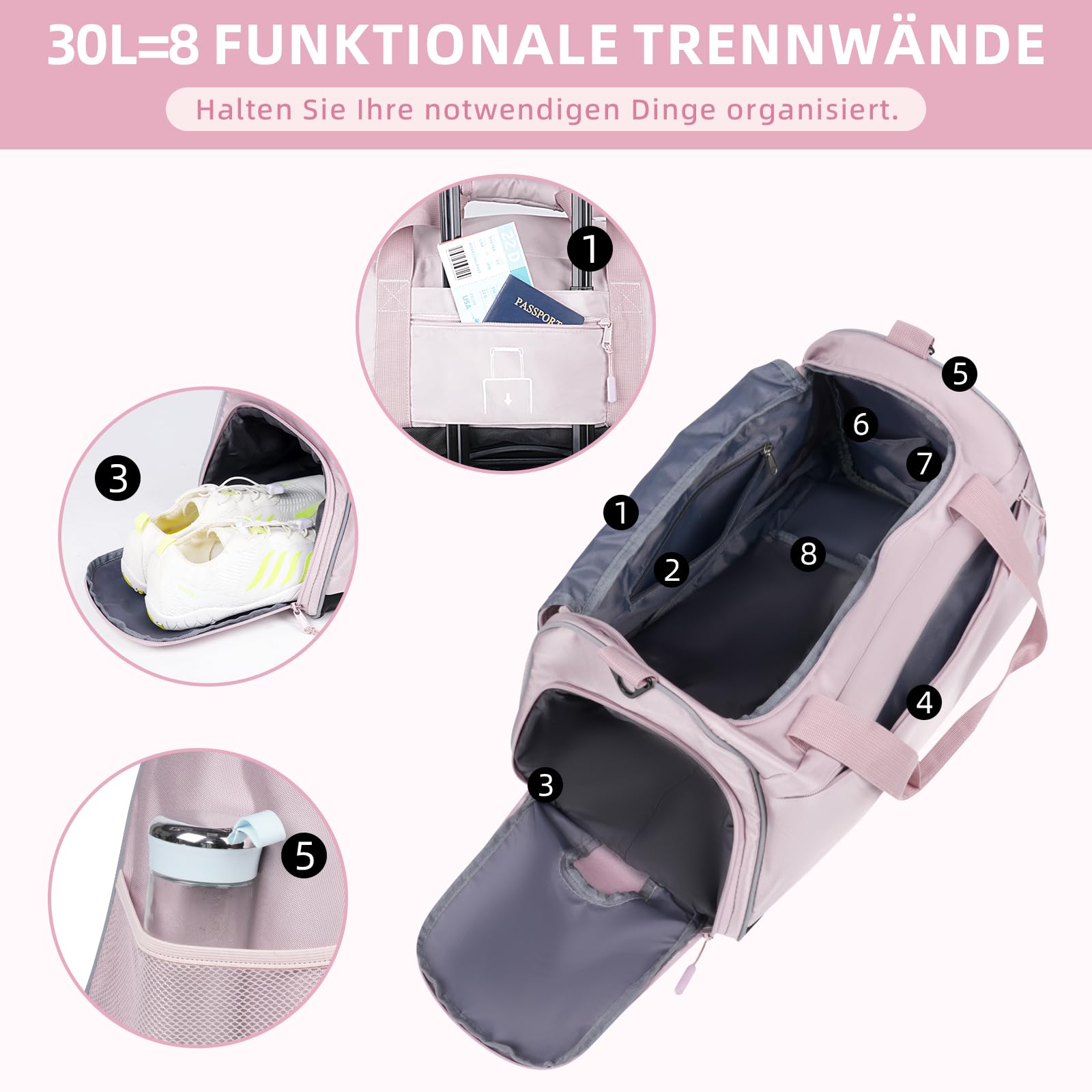 Zedelmaier Sporttasche Kinder Mädchen Leichte Reisetasche Wasserabweisende Schwimmtasche Kinder 30L Sporttasche Mädchen Tragbare Kindersporttasche für Sportstunden, Sportverein, Urlaub (Rosa)