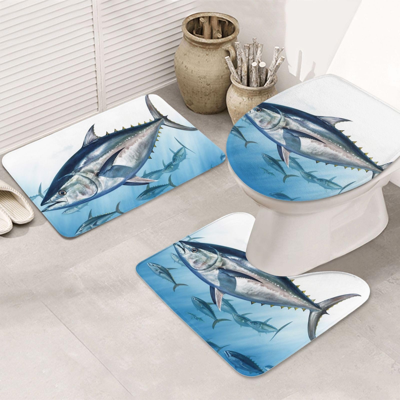 Dwrepo Bluefin Tuna Thunnus Print Bathroom Rug Set 3 Piece with Non-Slip U-Shaped Contour Mat and Toilet Lid Cover for Bathroom Decoration