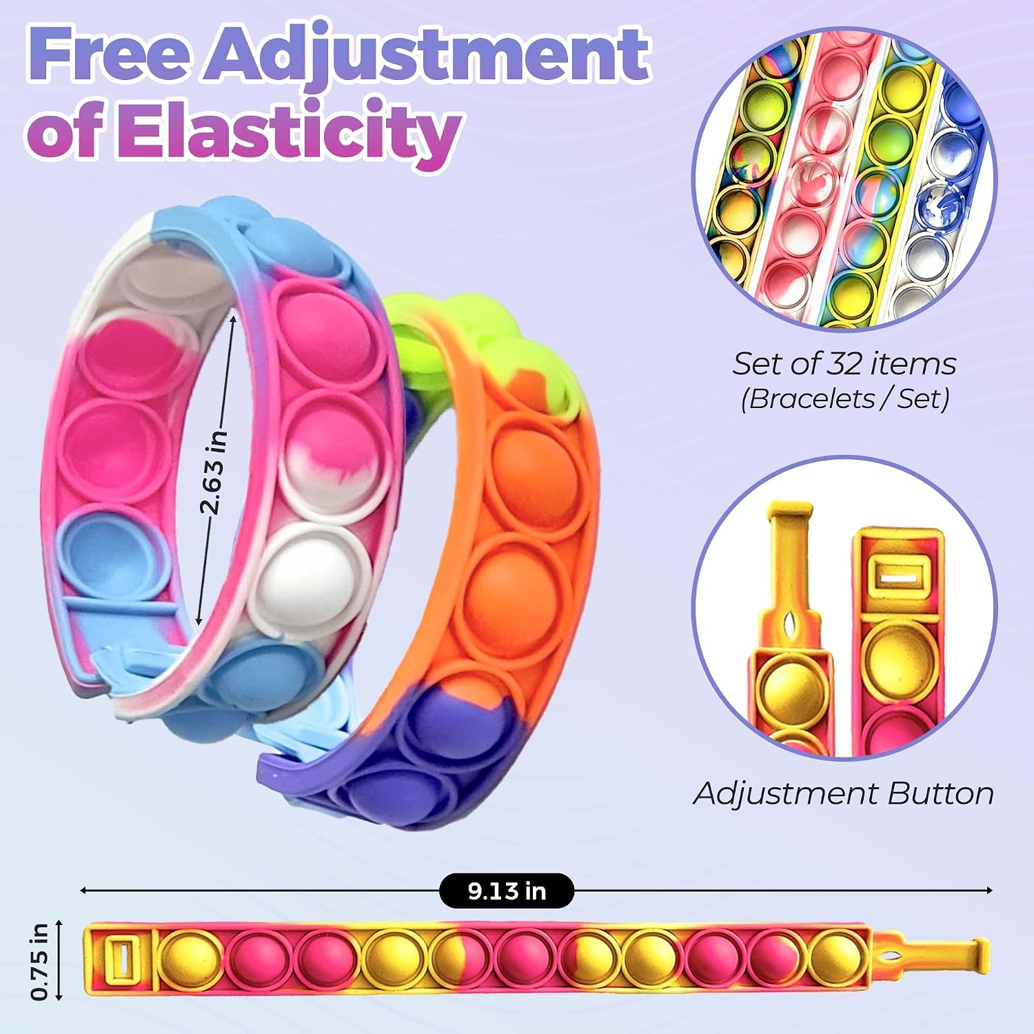 32 PCS Pop it Fidget Bracelets Toy, Adjustable Rainbow Party Favors, Anti-Anxiety Stress Relief Wristband Set, Push Bubbles Sensory Autistic Pack Kids All Ages Toddler Adult Gift