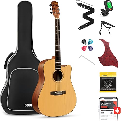 Donner - Kit de guitarra Acústica para principiante tamaño Completo de 41 pulgadas incluye estuche afinador capo púas talí y cuerdas Negro, Natural,