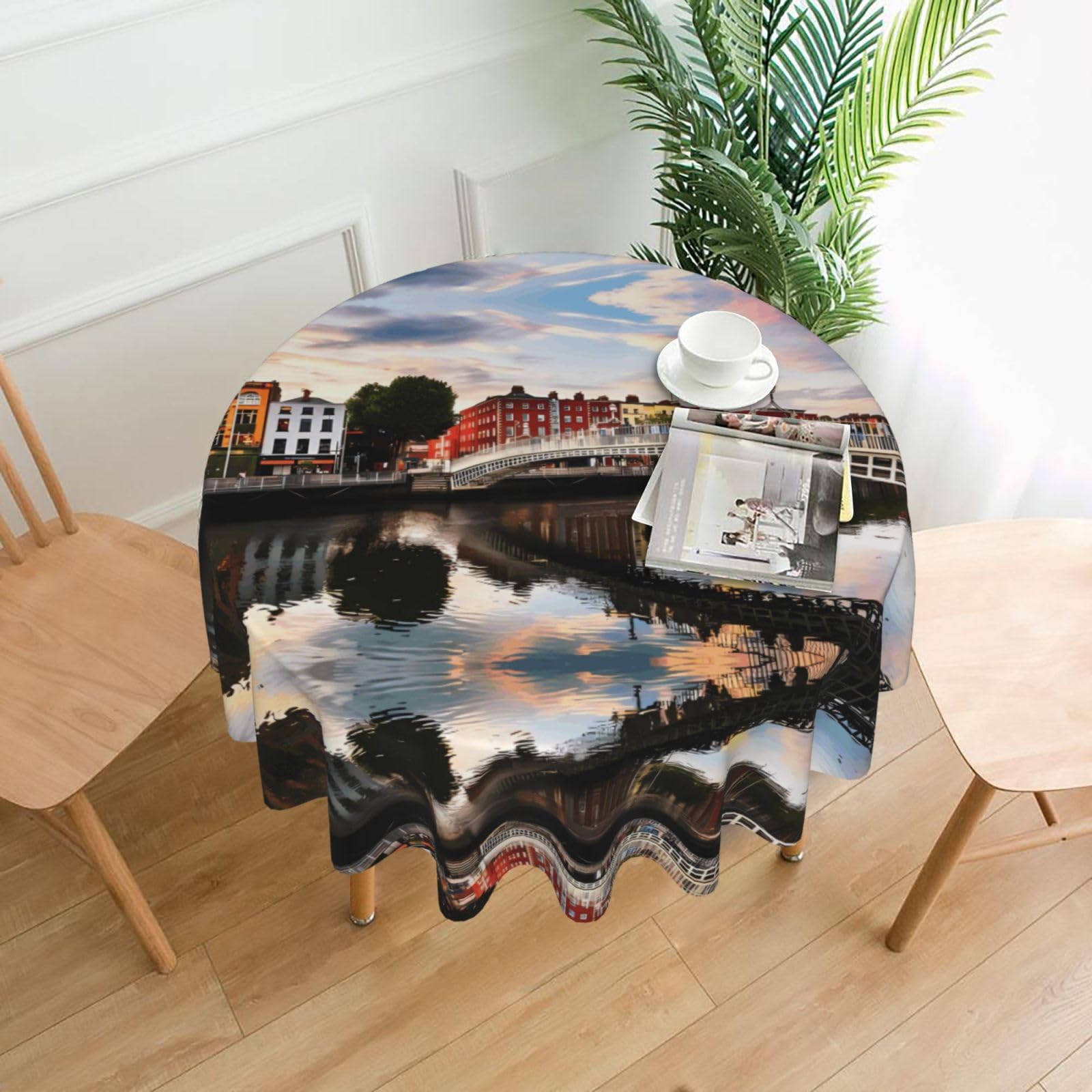HJFCZH Bridge Sunset River Landscape Prints Round Decorative Tablecloth 60in - High-Grade Polyester Throw for Dinners, Weddings & Everyday Use