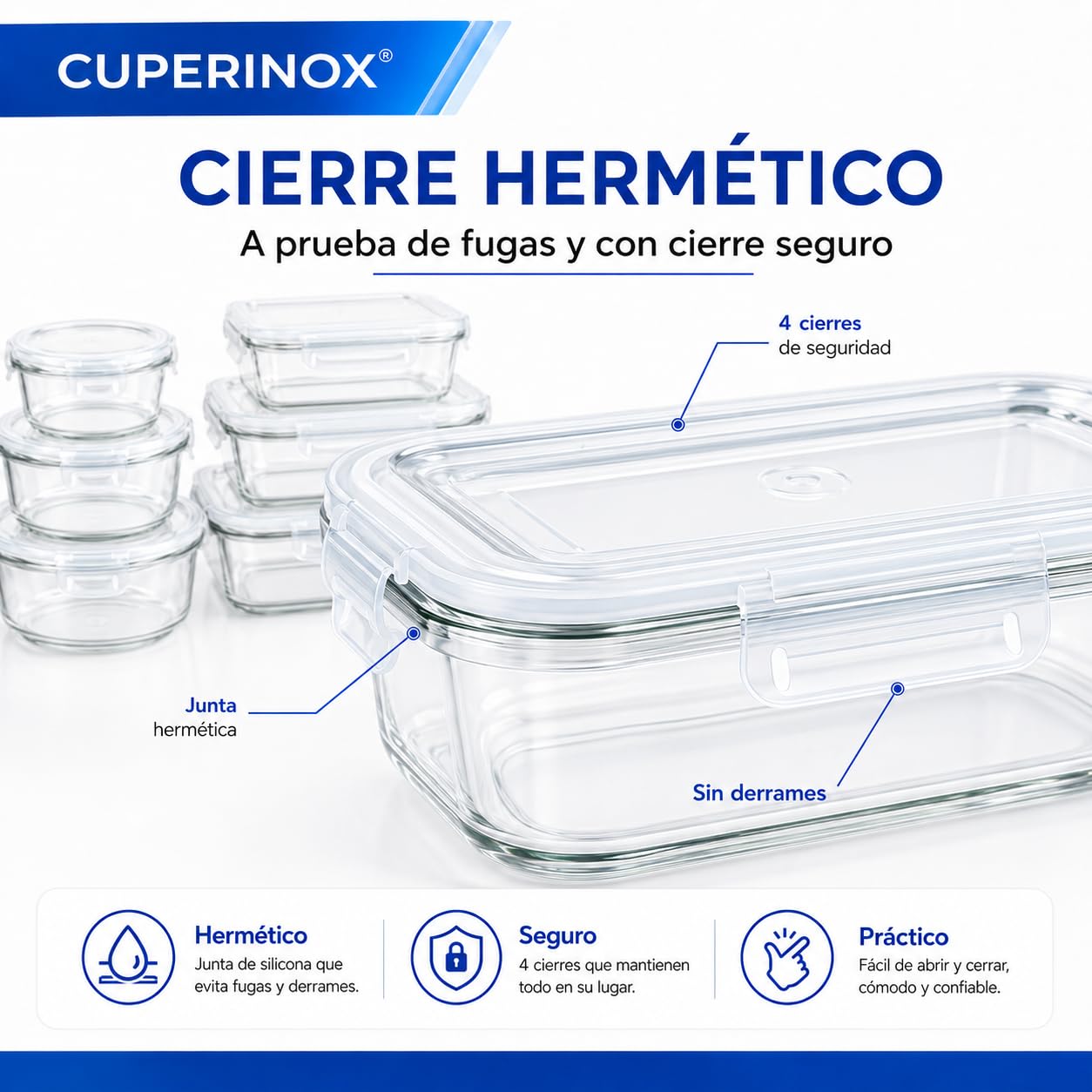 24 Tuppers de Vidrio Herméticos, 3 Formas, sin BPA, Meal Prep | 8 Recipientes para Alimentos Rectangulares + 8 Cuadrados + 8 Redondos, Apto para Microondas*, Lavavajillas y Congelador