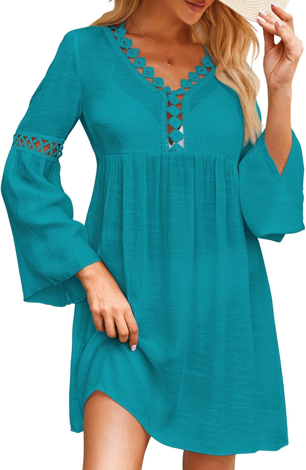 Swimsuit Coverup for Women Long Bell Sleeve Contrast Lace Bathing Suit Cover Up for Swimwear Bikini V Neck Loose