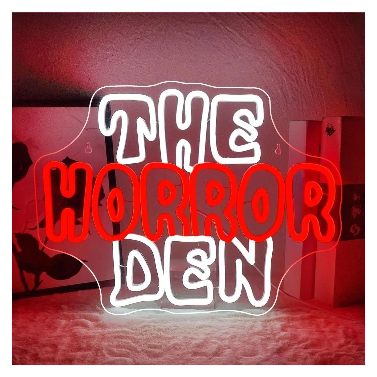 Insegna al Neon LED Insegna Al Neon The Horror Den Con Luce LED Dimmerabile Tramite USB Per Decorazioni Horror, Feste, Club, Sala Giochi, 38cmx29cm