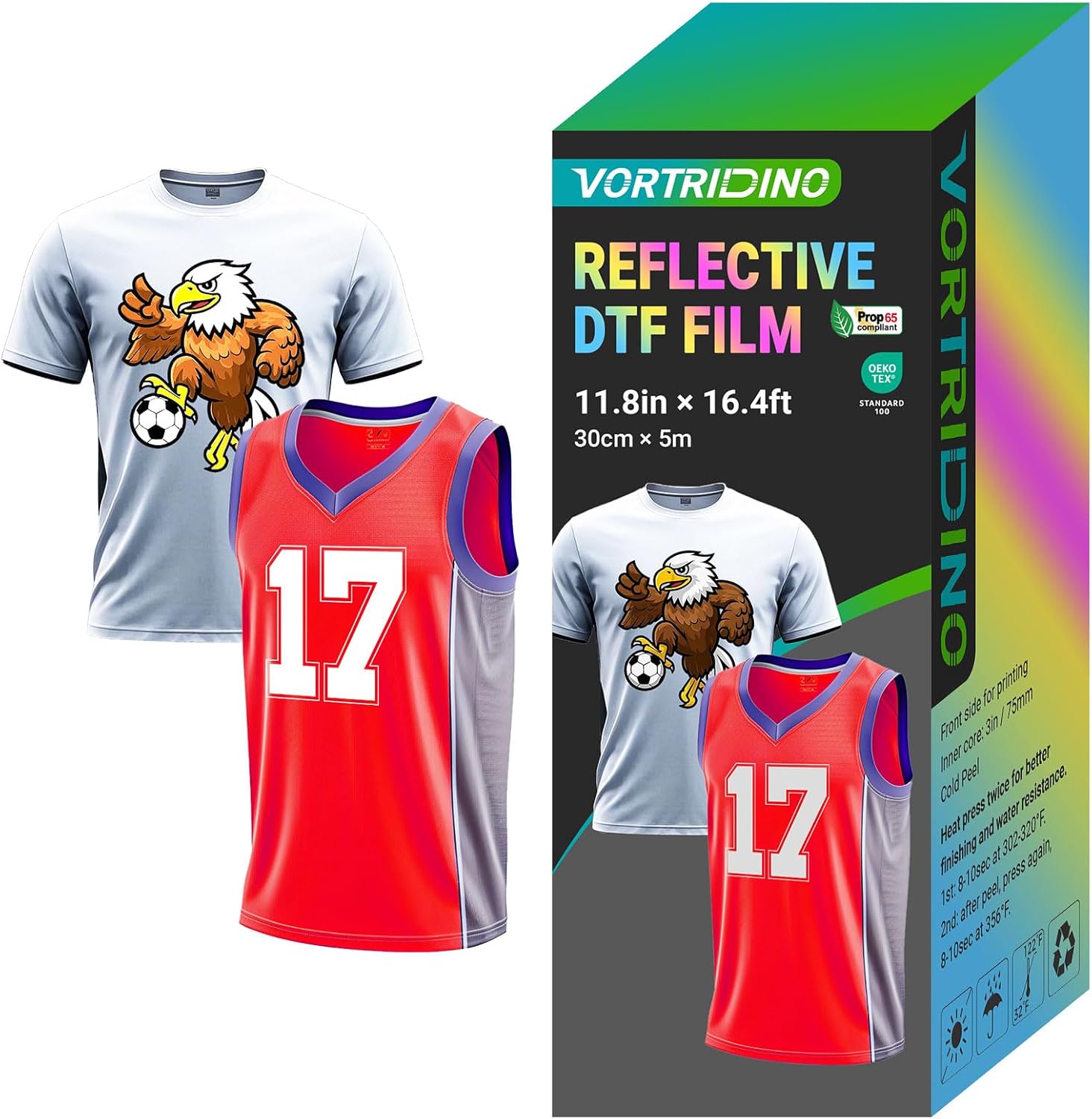 VORTRIDINO Reflective DTF Transfer Film 11.8in x 16.4ft Solid Color Reflective Effect DTF Transfer Film for Sportswear, Cold Peel Pure Color and Colorful Reflective DTF Film Roll