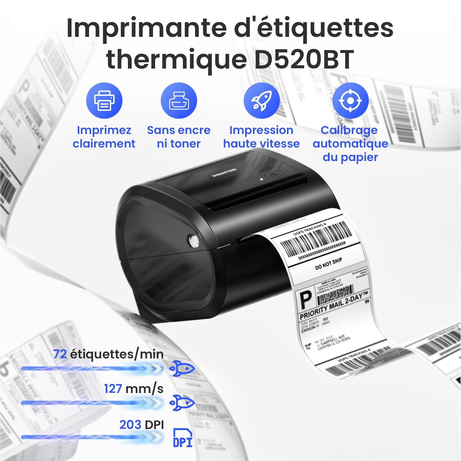 Phomemo D520BT Imprimante Thermique 4 x 6 Bluetooth, Étiquettes sans Encre pour Expédition, Compatible iPhone Android Mac Windows, Noir