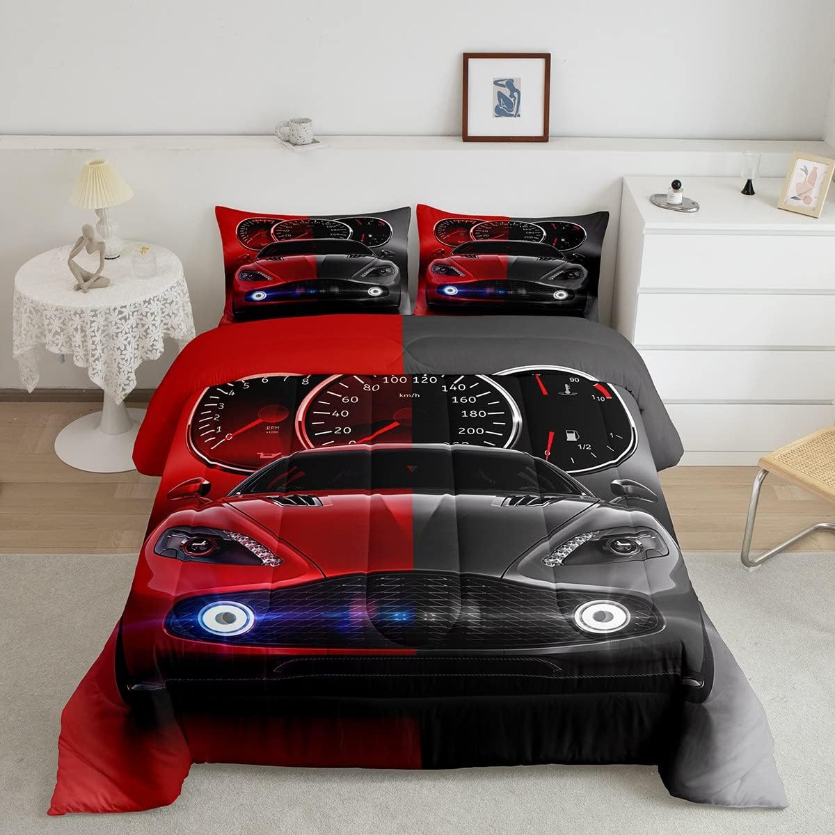 Feelyou Red Black Race car Comforter Set Speed Sports Car Bedding Set for Kids Teens Racing Car Comforter Extreme Sports Duvet Set Decor Automobile Quilt 3Pcs Queen Size Boys Multi D01 Queen