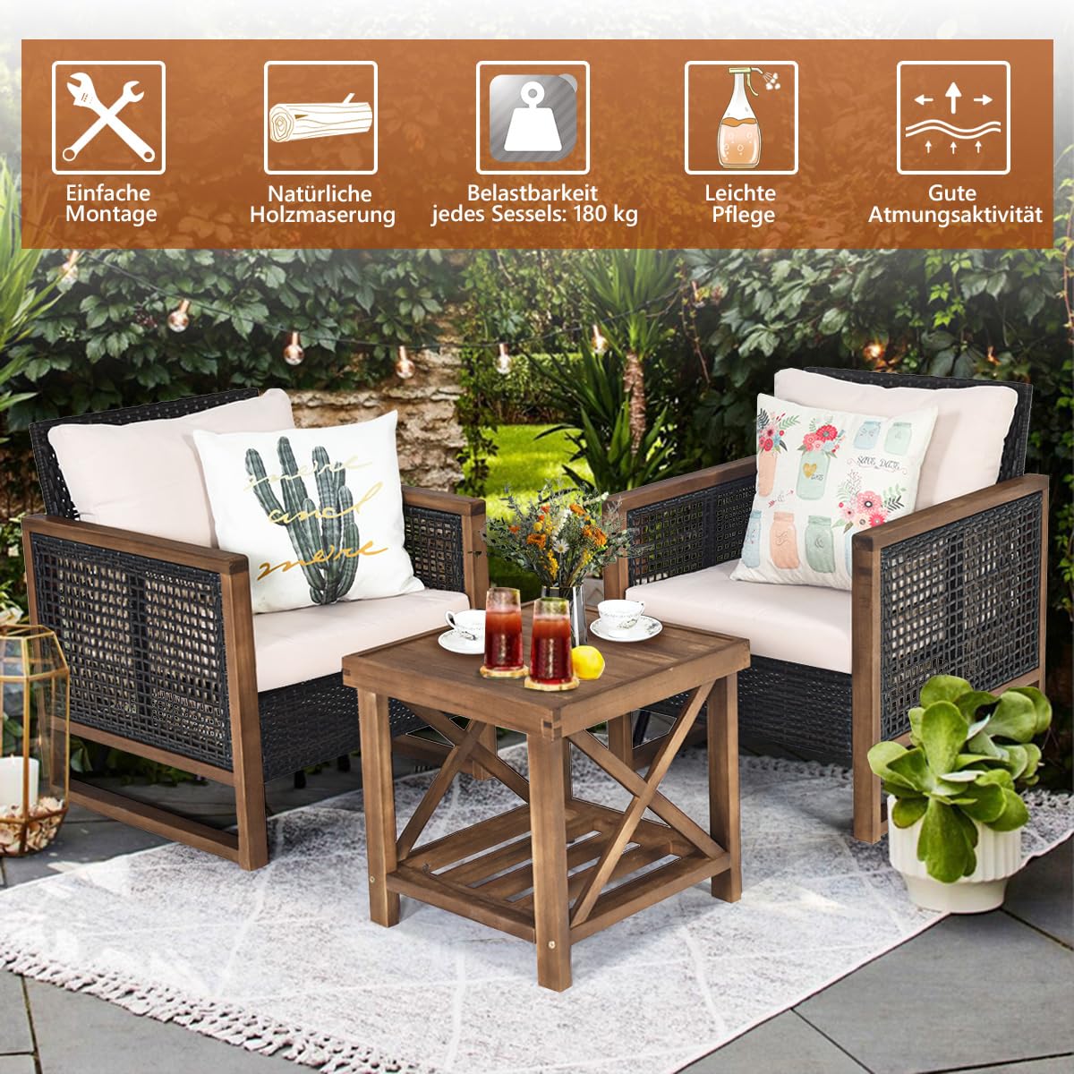 Giantex Rattan Gartenmöbel Set 3 teilig, Balkonmöbel Set 2 Personen, Gartensitzgruppe Lounge Set 2 Sessel mit Holztisch, Gartengarnitur Sitzgruppe Gartenlounge Set inkl. waschbarer Kissen