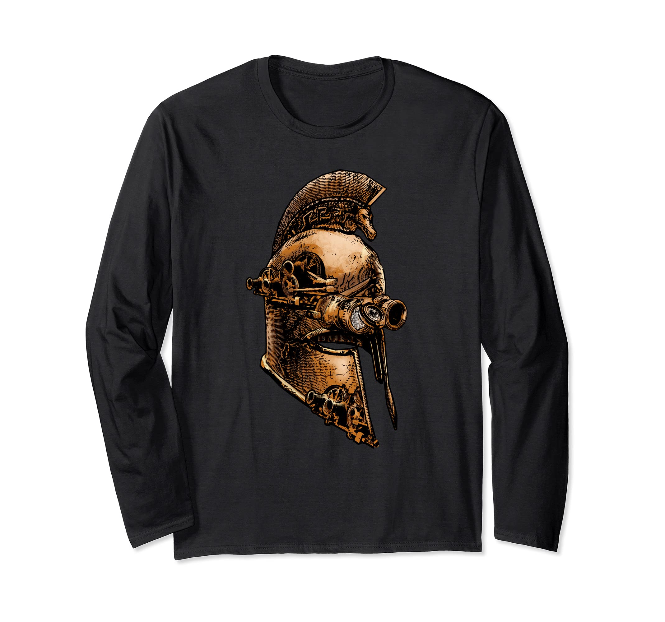 Steampunk Ancient Greek Spartan Warrior Helmet Long Sleeve T-Shirt, Black