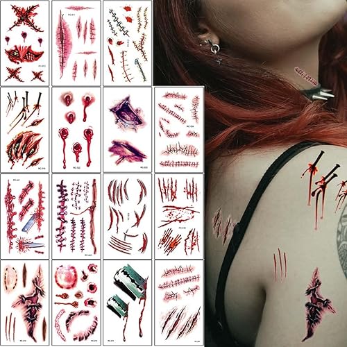 Uranian Tatuajes temporales de Halloween, tatuajes de maquillaje para la cara y el cuerpo, calcomanías de tatuaje de terror de cicatriz falsa,