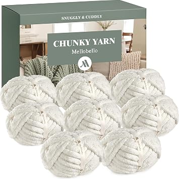 Mellobello Jumbo Chunky Yarn for Hand Knitting - Super Thick Chenille Chunky Yarn Wool for Crocheting - Extra Soft Bulky Fluffy Blanket Big Yarn 8 Jumbo Pack 27yds,8 oz Each Skein Cream