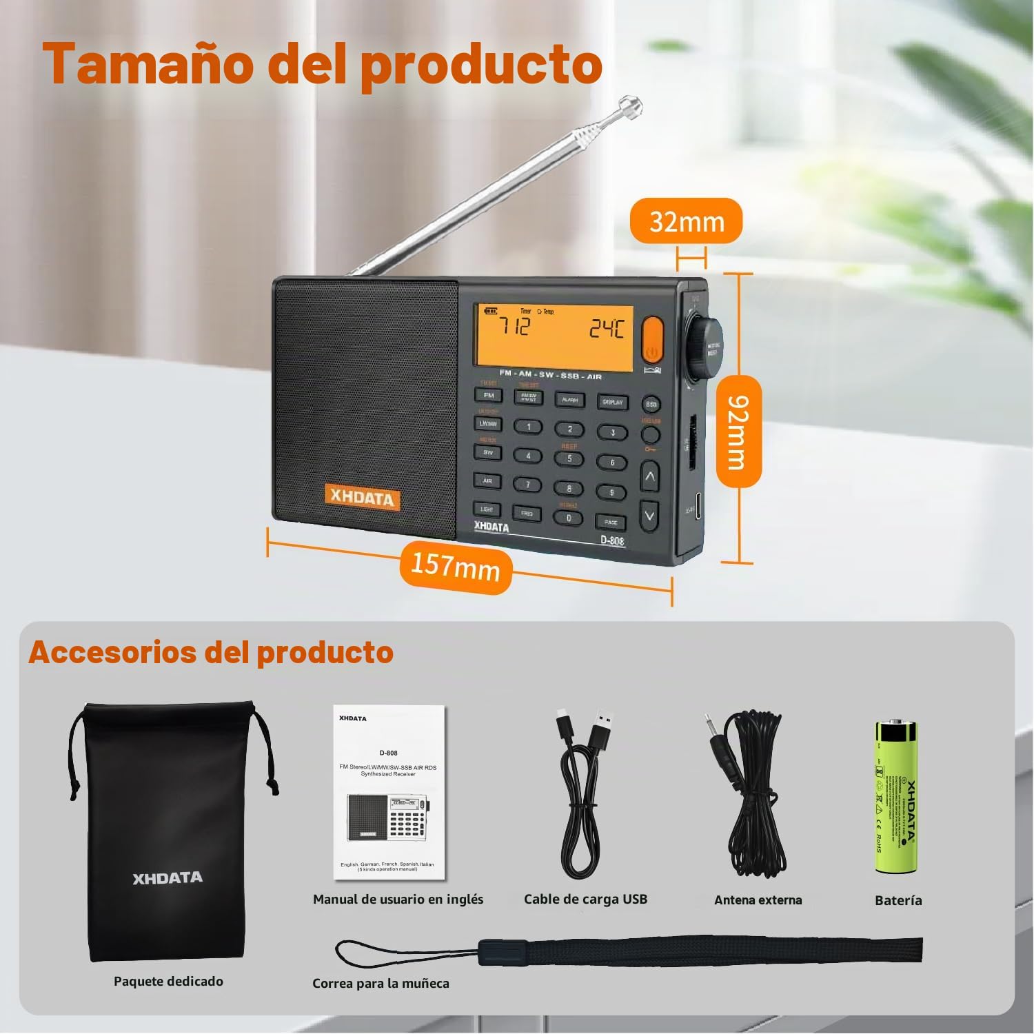 XHDATA D-808 Radio Digital Portátil FM estéreo/SW/MW/LW SSB RDS Banda Aérea Altavoz de Radio con Pantalla LCD Reloj de Alarma Antena Externa y Batería Recargable(Gris)