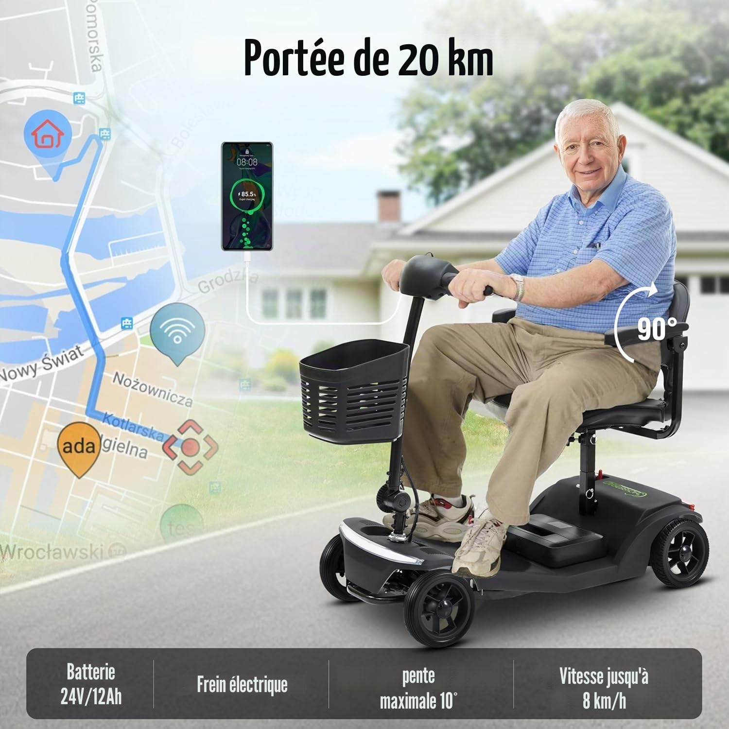 Scooter Électrique PMR Pliable pour Seniors - Structure Renforcée Charge Max 136kg - Pneus Tout-Terrain et Éclairage LED - avec Panier Amovible - Scooter de Mobilité Stable et Robuste