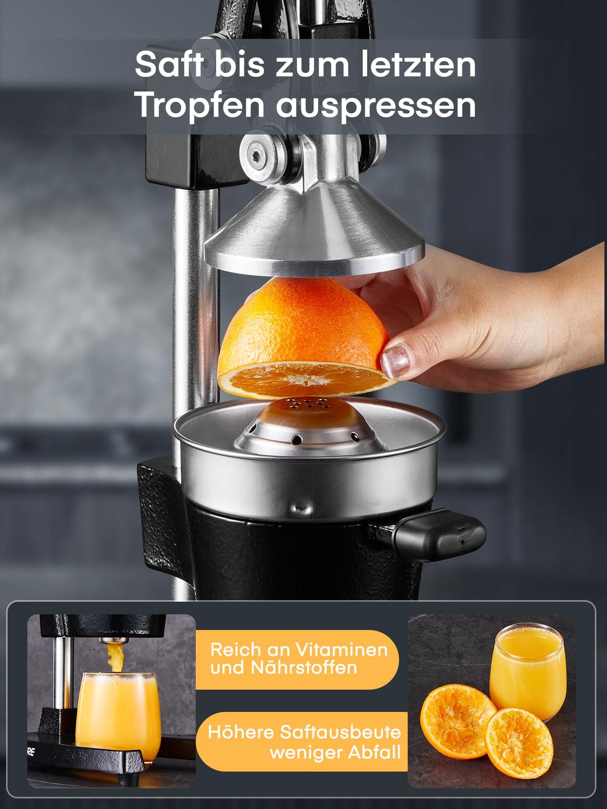 FOHERE Saftpresse Manuell, Professionelle Orangenpresse Handpresse für Orangen, Zitronen, Granatäpfel, Grapefruits, Leicht zu Reinigende Zitruspresse mit Edelstahlbecher