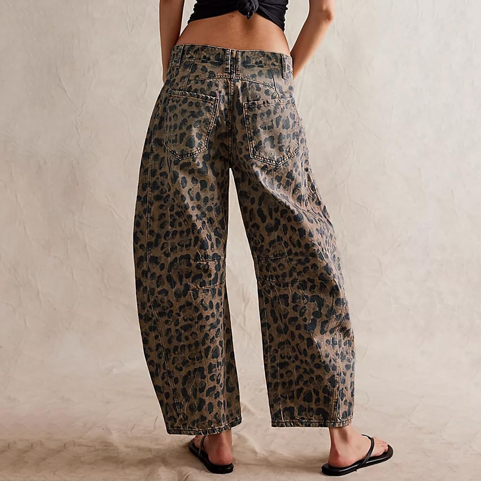 Jeans Leopard Barrel pour Femmes Taille Moyenne Jeans Vintage Amples à Jambes Larges Jeans Baggy Boyfriend Y2k Streetwear avec Poches Jeans Courts Jeans Hip Hop