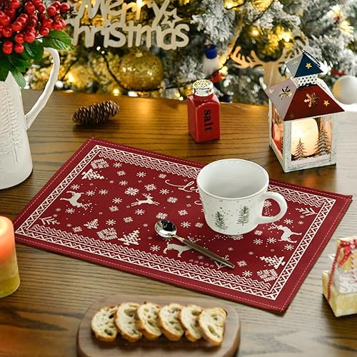 Miniatura 3 de Artoid Mode Juego de 4 manteles individuales de invierno con copos de nieve de reno, 12 x 18 pulgadas, manteles individuales de temporada color rojo