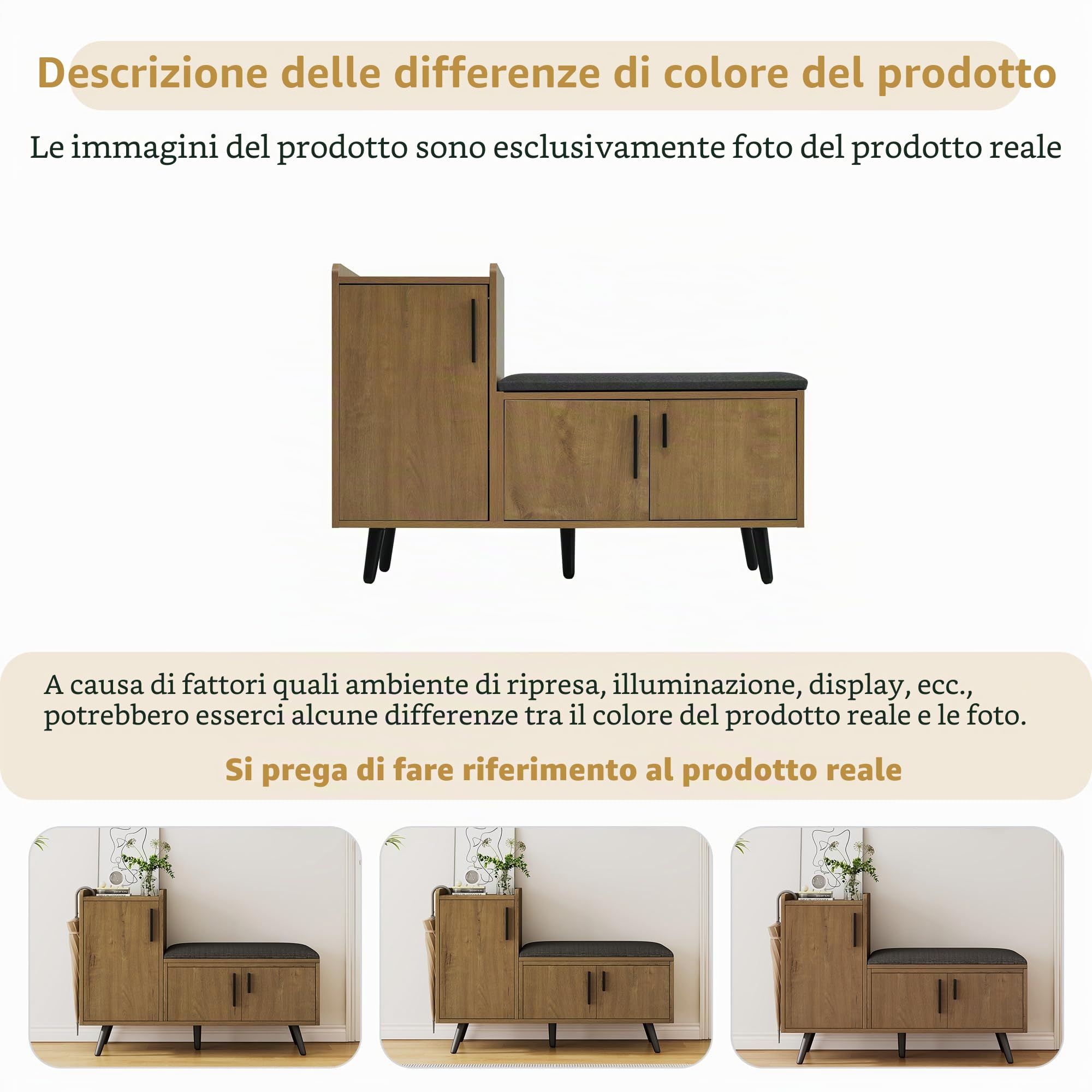Zepneiy Panca moderna scarpiera con tre ante portaoggetti e maniglie asimmetriche in metallo, naturale, 100×34×69 cm