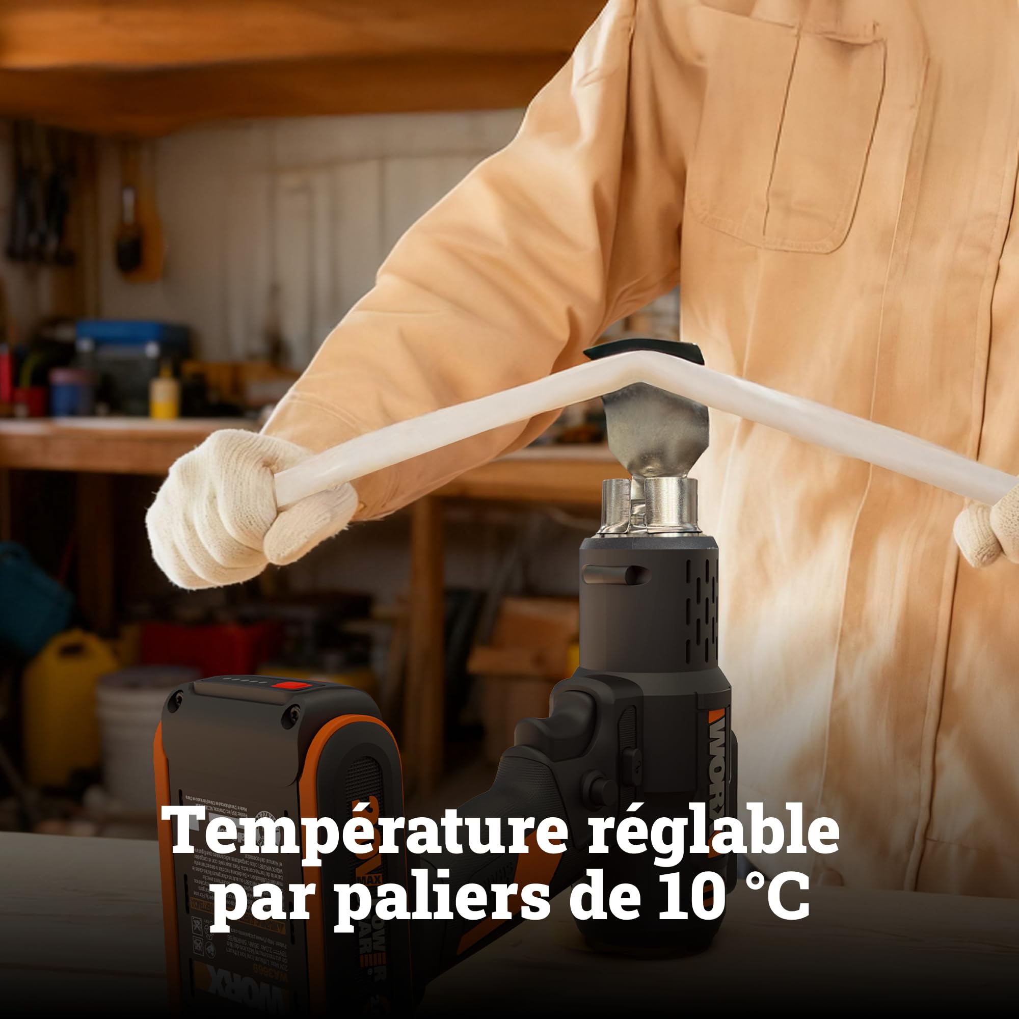 WORX Décapeur thermique sans fil 20V WX015, température réglable de 20 °C à 600 °C, chauffe rapidement, compact et ergonomique, polyvalent, livré avec batterie, chargeur et 3 buses