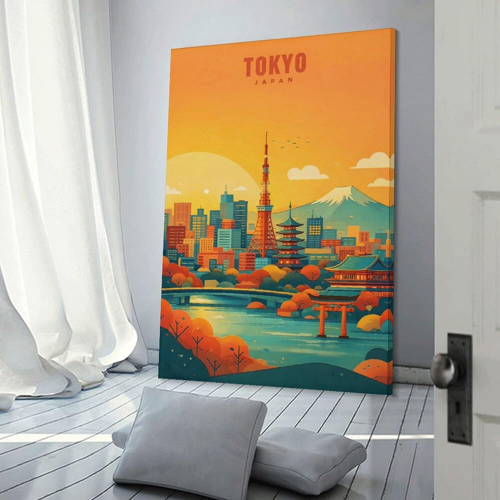 Junmoney Tokyo Cityscape with Mount Fuji Wall Art Print, 24x36inch(60x90cm), for Living Room, Bedroom, Office Or Hallway, Canvas Wall Art That Fits Changing Layouts