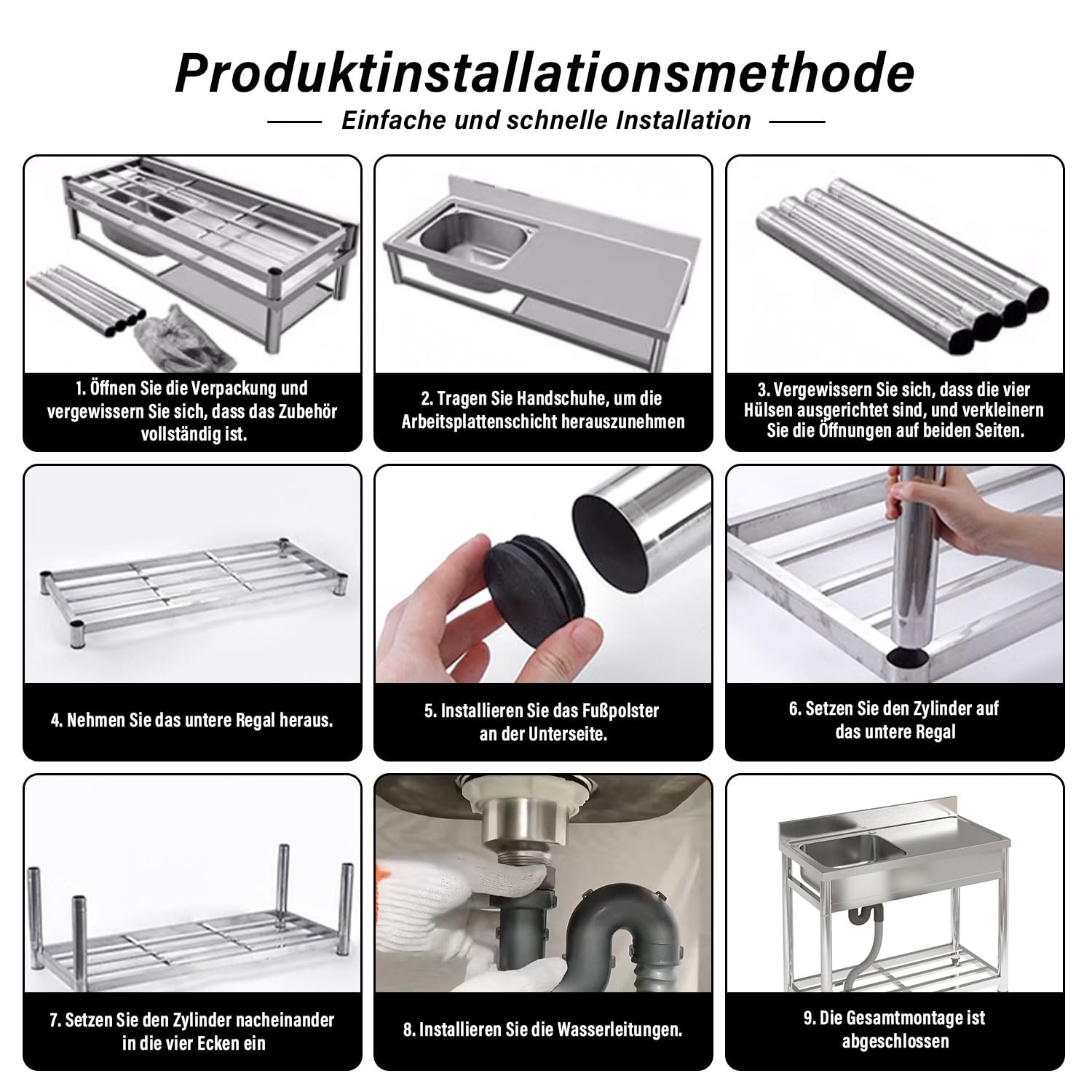 Freistehende Spüle Edelstahl Spültisch mit Ausgussbecken & Arbeitsplatten robuster Spültisch mit abgerundeten Ecken ohne Wasserhahn 100 x 50 x 90 cm für Küche, Restaurant & Cafe