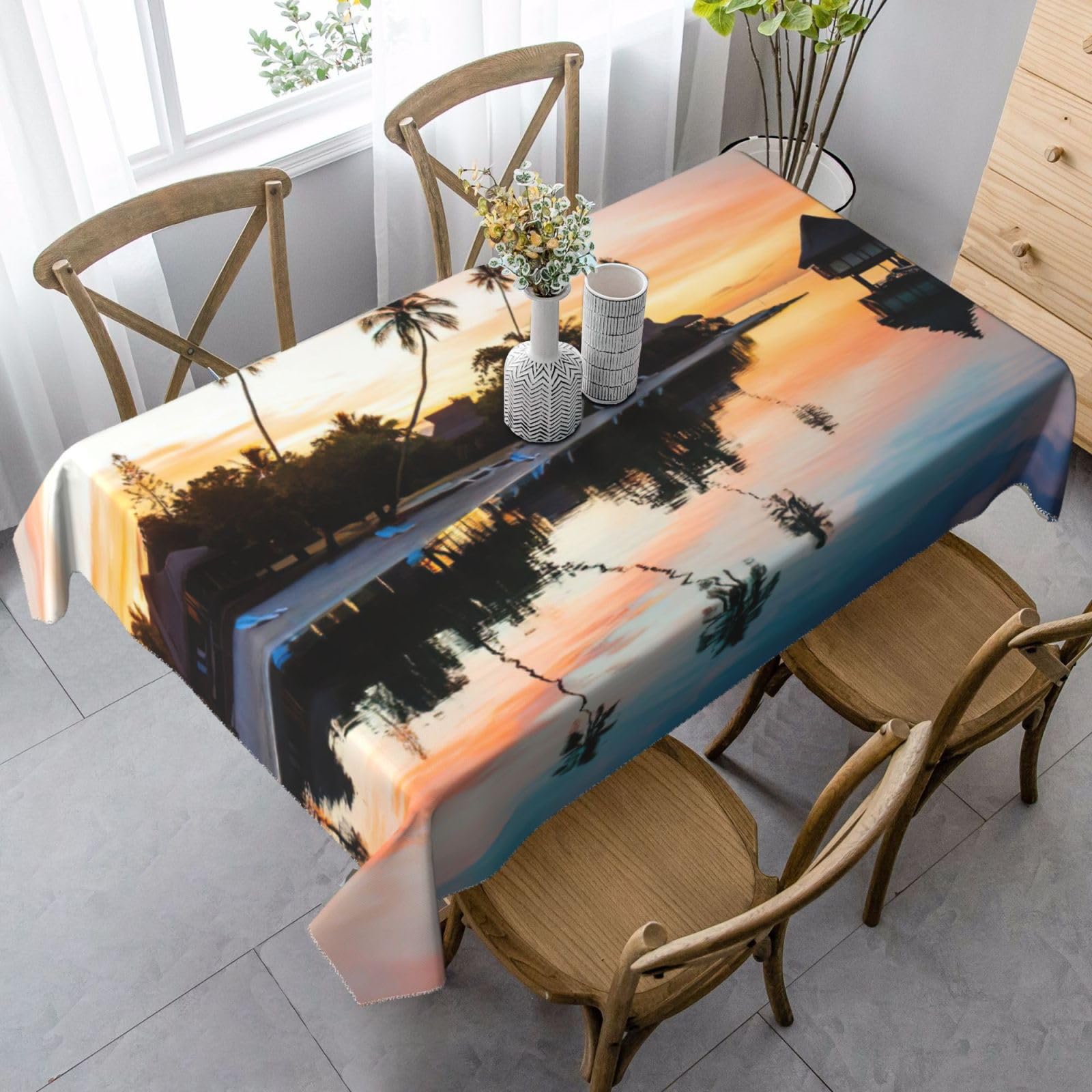 yagDAA Tropical Sunset Print Rectangle Tablecloth Table Cover Indoor Outdoor Dining Room Kitchen Table Cloth 140x90cm