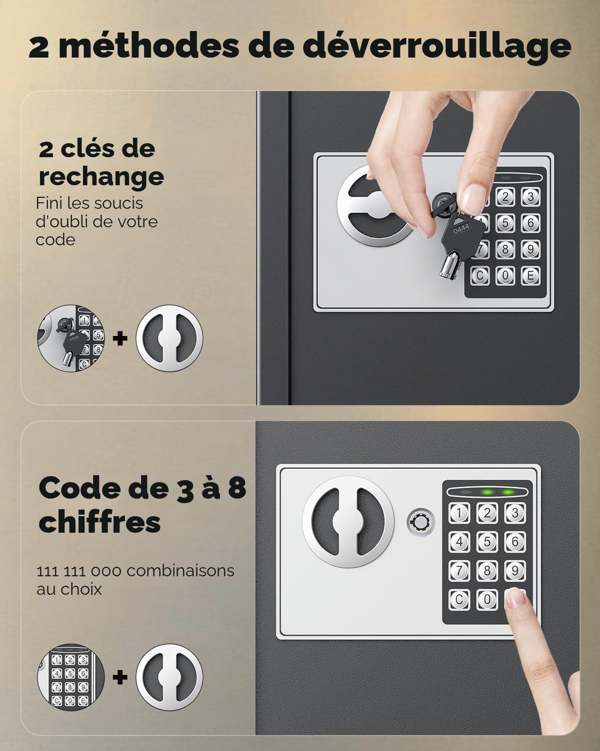 Uniclife Armoire à clés à 70 positions avec combinaison et serrure à clé - Fixation murale - Organiseur de clés numérique réinitialisable - Noir - Avec serrure à clavier - Supports réglables