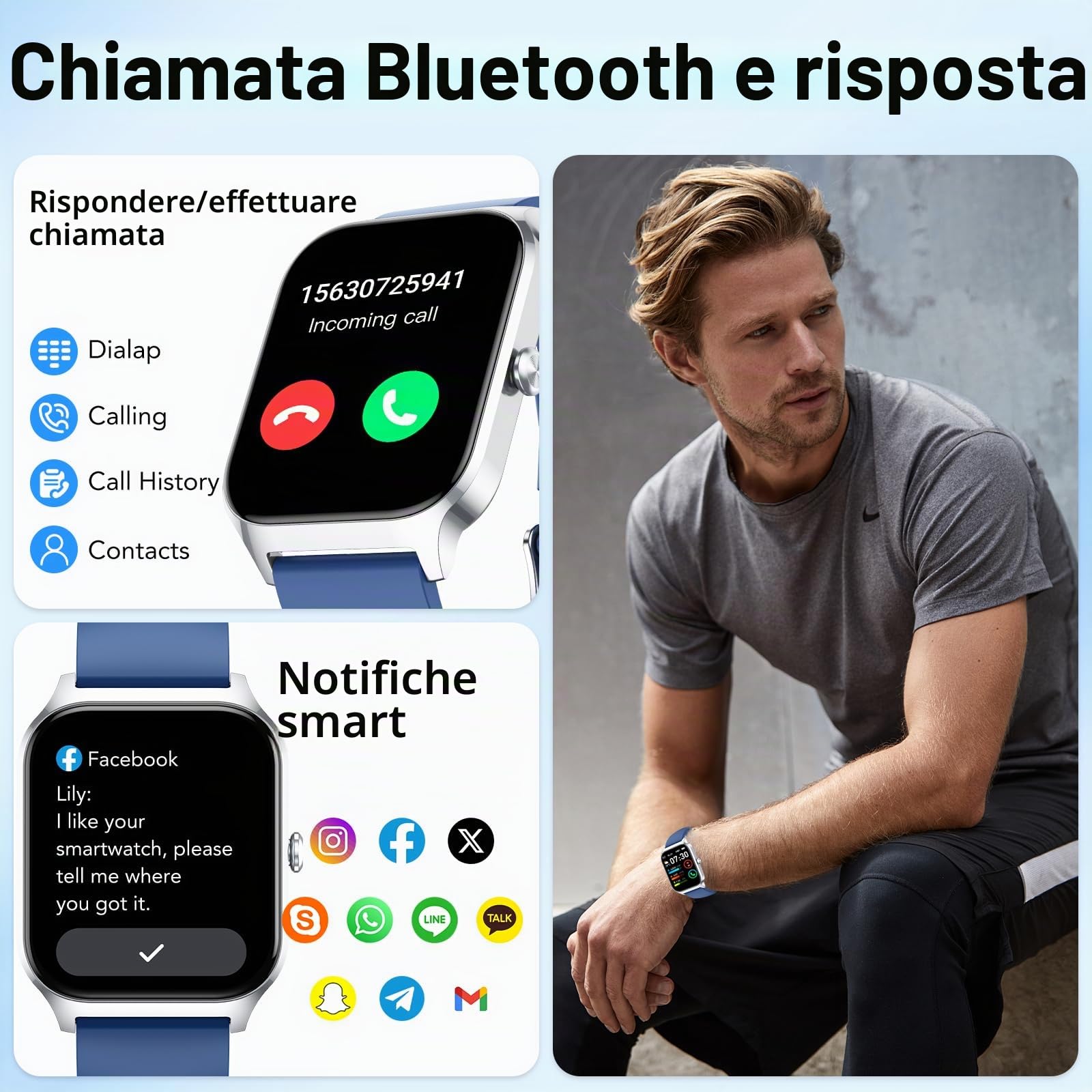 Smartwatch Uomo, 1.85'' Orologio Smartwatchcon Chiamate Bluetooth/ Assistente vocale AI, 115+ Sportive Smart Watch con Contapassi/Sonno/Cardiofrequenzimetro,IP68 Fitness Tracker per iOS Android Blu
