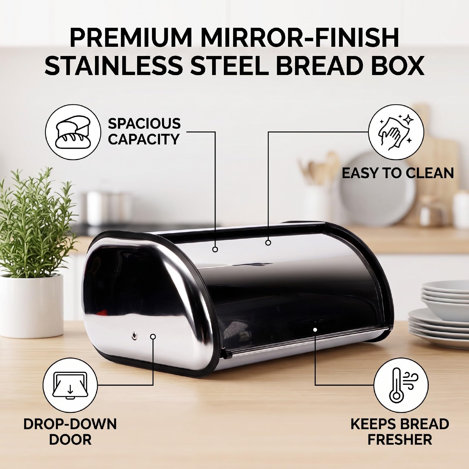 Caja de Pan de Acero Inoxidable, Organizador Espacioso para Cocina