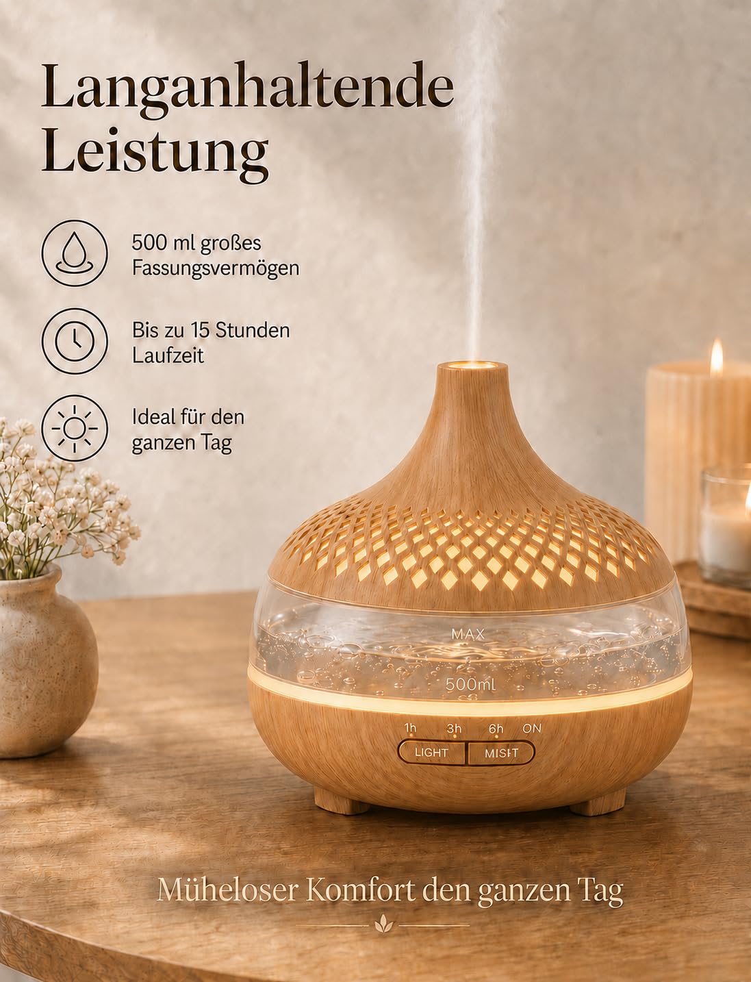 500ML Aroma Diffuser für Ätherische Öle Aromatherapie-Diffuser mit 8 Ölen, Fernbedienung, 4 Timer, 14 Farben und 2 Sprühmodi(Goldgelb)