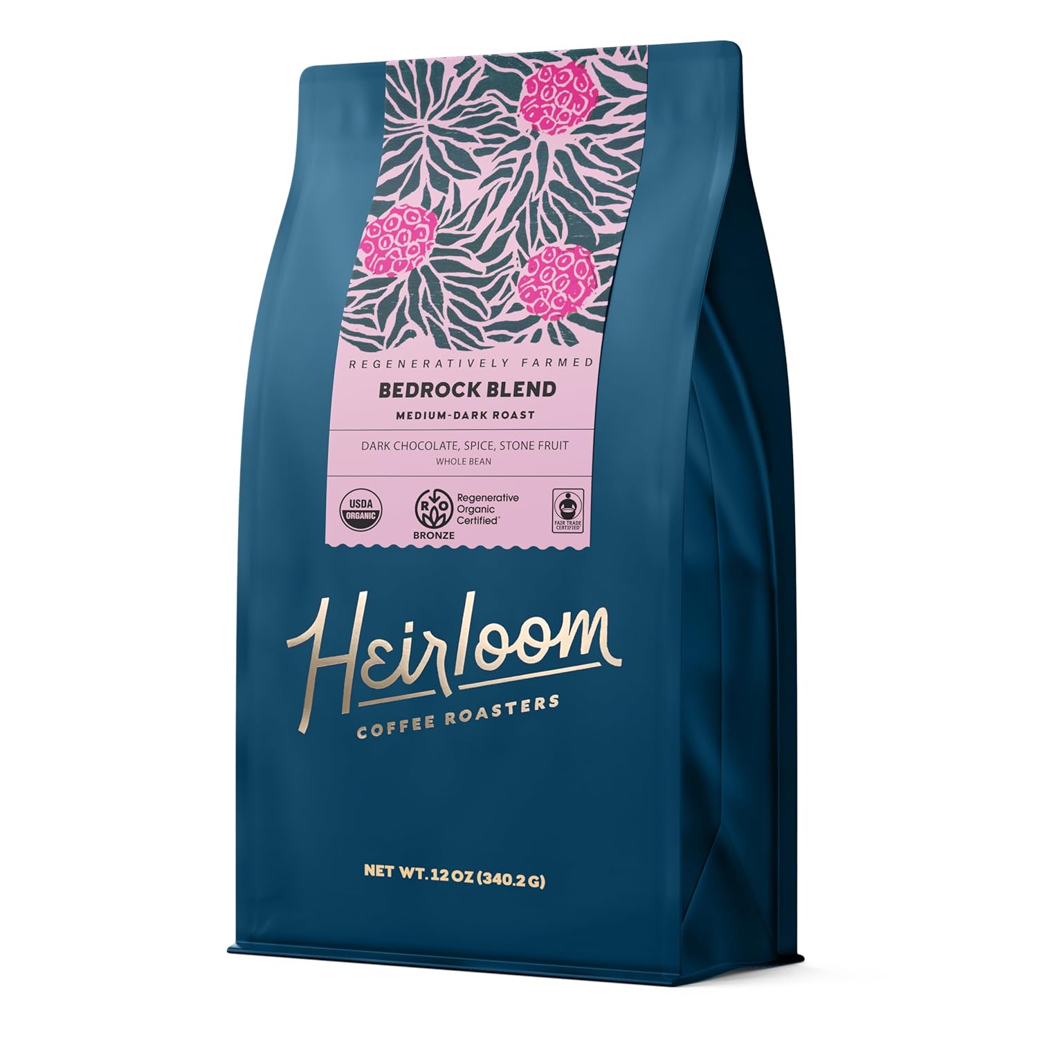 Heirloom Coffee Roasters - Bedrock Blend - Medium/Dark Roast - Whole Bean Coffee - 100% Regenerative Organic Certified, 12oz