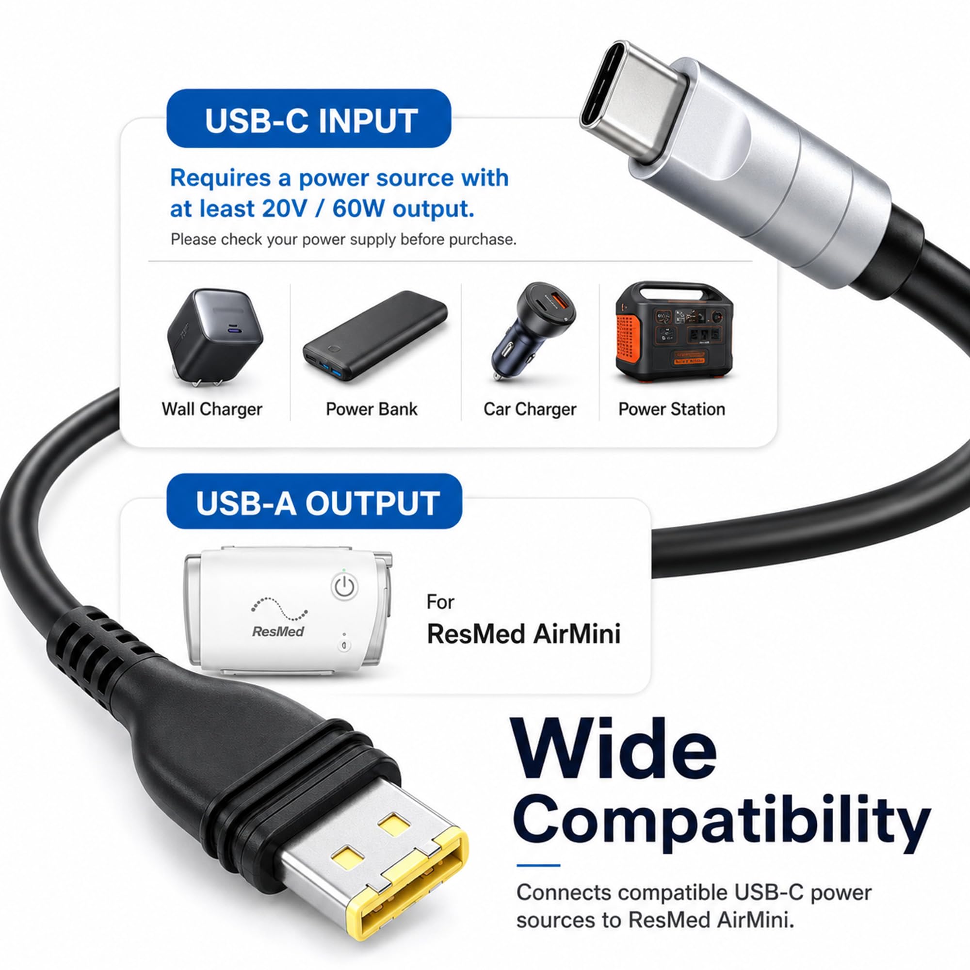 Jeasun Cavo di alimentazione USB-C per Resmed AirMini | PD Boost Cable (20V → 24V) – Funziona con power bank, caricabatterie da auto e AirMini Battery Pack | Pronto per viaggi e campeggio | 0,4 m
