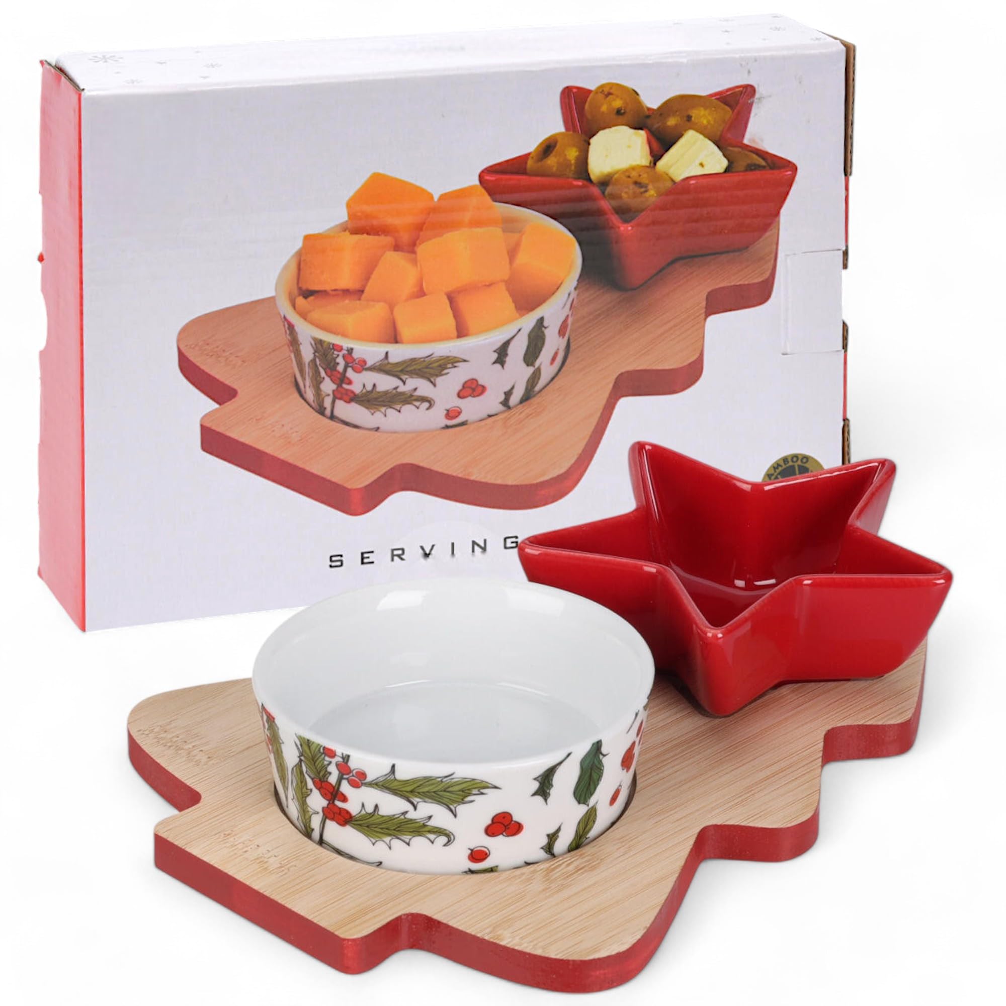 MIJOMA Weihnachts-Servierset (4-teilig) – Schieferbrett & Porzellanschalen, Für Tapas, Käse, Dips, Festliches Design
