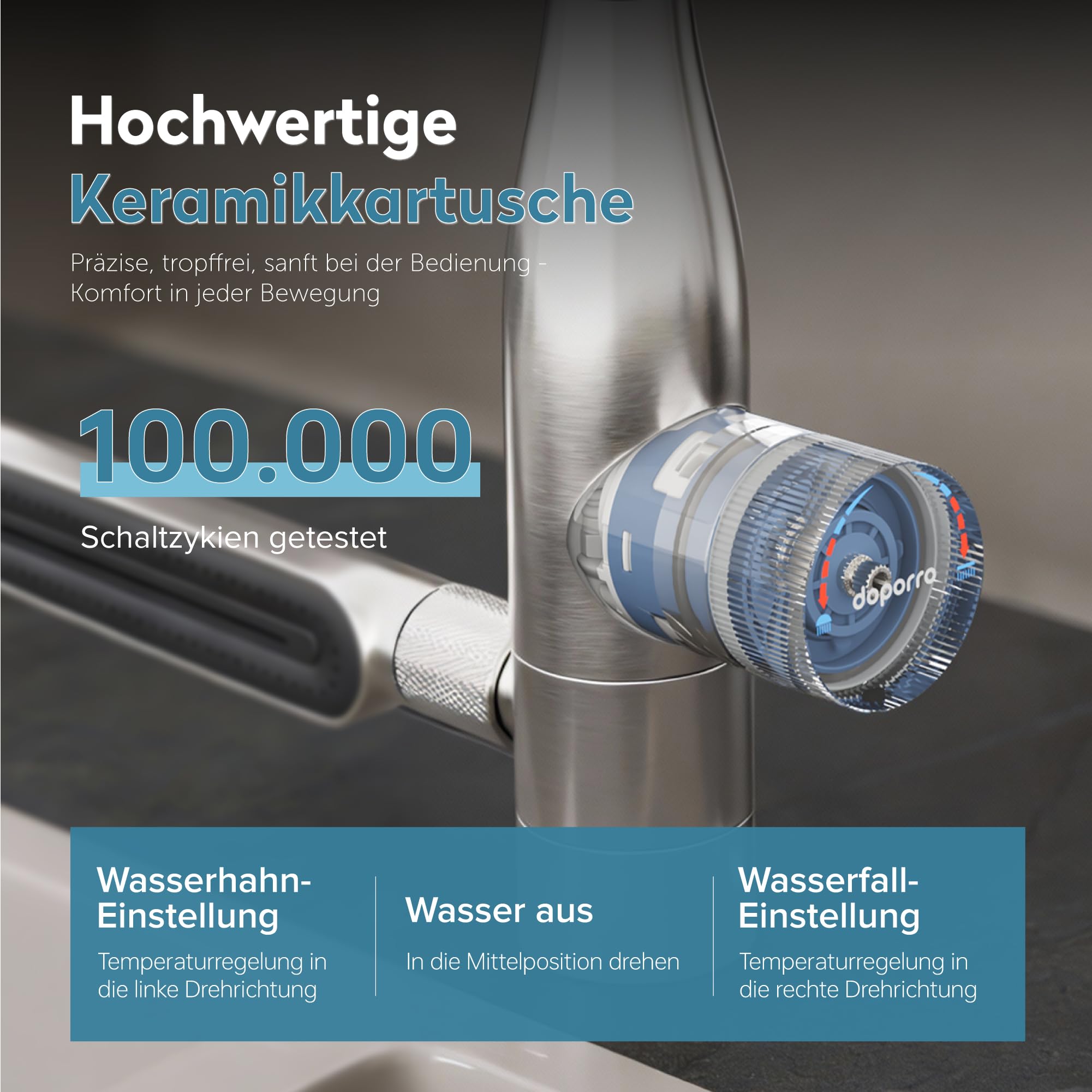 doporro Wasserhahn Küche Hochdruck, Küchenarmatur ausziehbar mit Brause | Spültischarmatur Küche aus Edelstahl, Armatur Küche 360 Grad schwenkbar, 5 Strahlarten, Mischbatterie Turnix-03