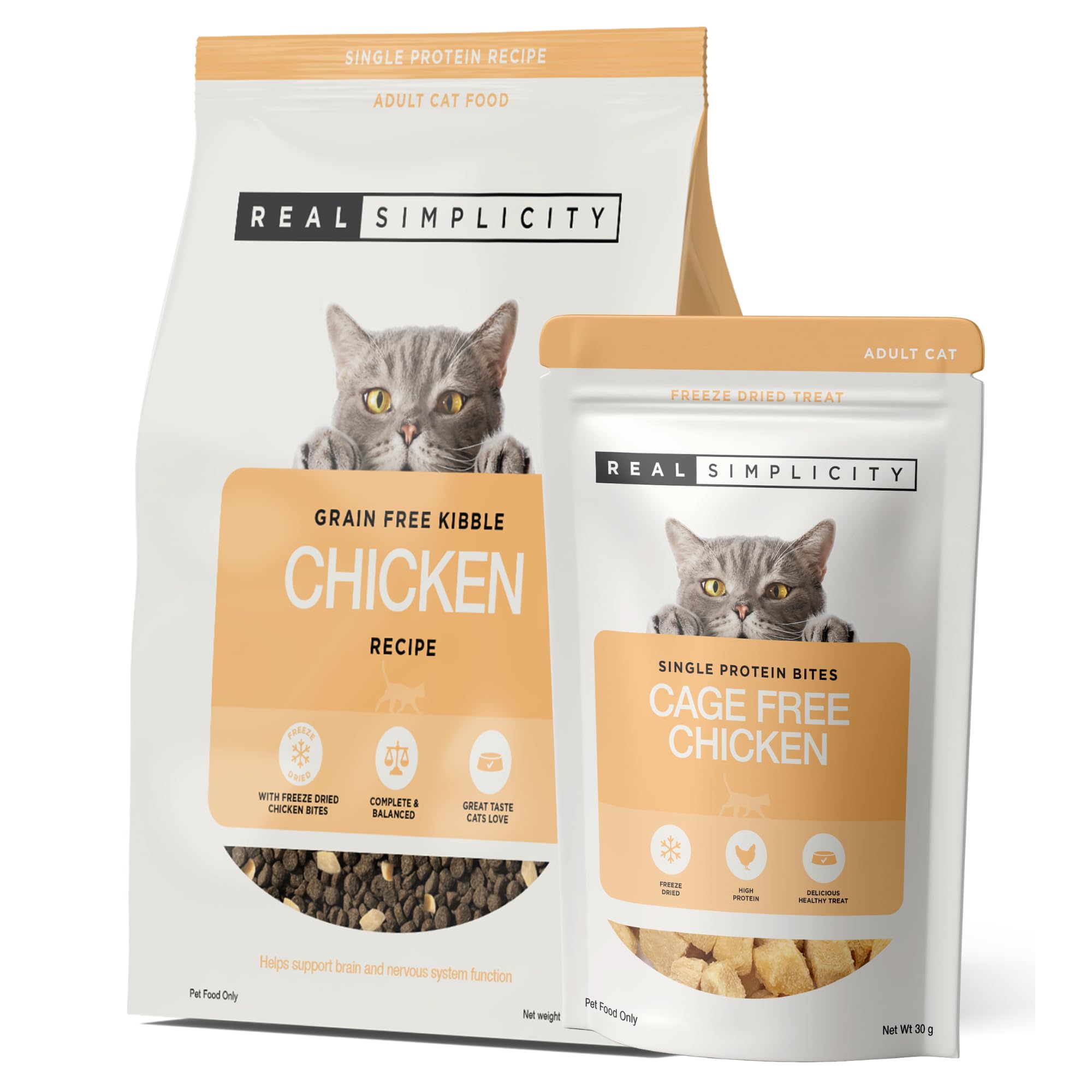 Real Simplicity Dry Cat Food for Adult & Senior Cats (1.6 KG), Single Protein Cage-Free Chicken, Kibble with Freeze-Dried Chicken Bites + Extra 30g Pack, Supports Brain & Nervous System
