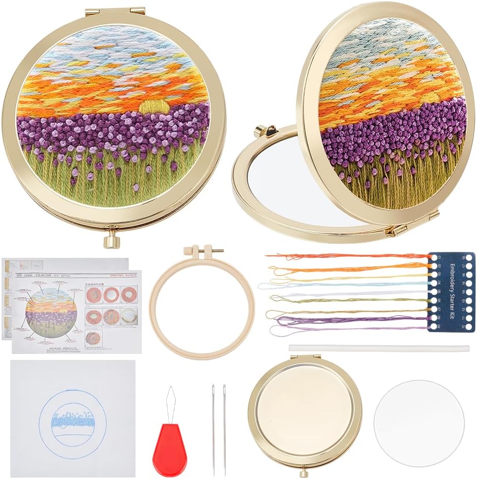 PLIGREAT DIY Borduurwerk Spiegel Kit Tulpen Gestempelde Kruissteek Spiegel Kit Bloem Spiegel Borduurwerk voor Beginner Starter Vintage Draagbare Ronde Spiegel Metalen Compacte Spiegel