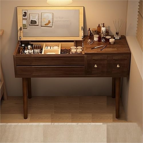 Solid Wood Vanity Desk with Plip Top Mirror Makeup Vanity Table with 4 Storage Drawers Space Saving Dressing Table for Bedroom Dressing Room,for