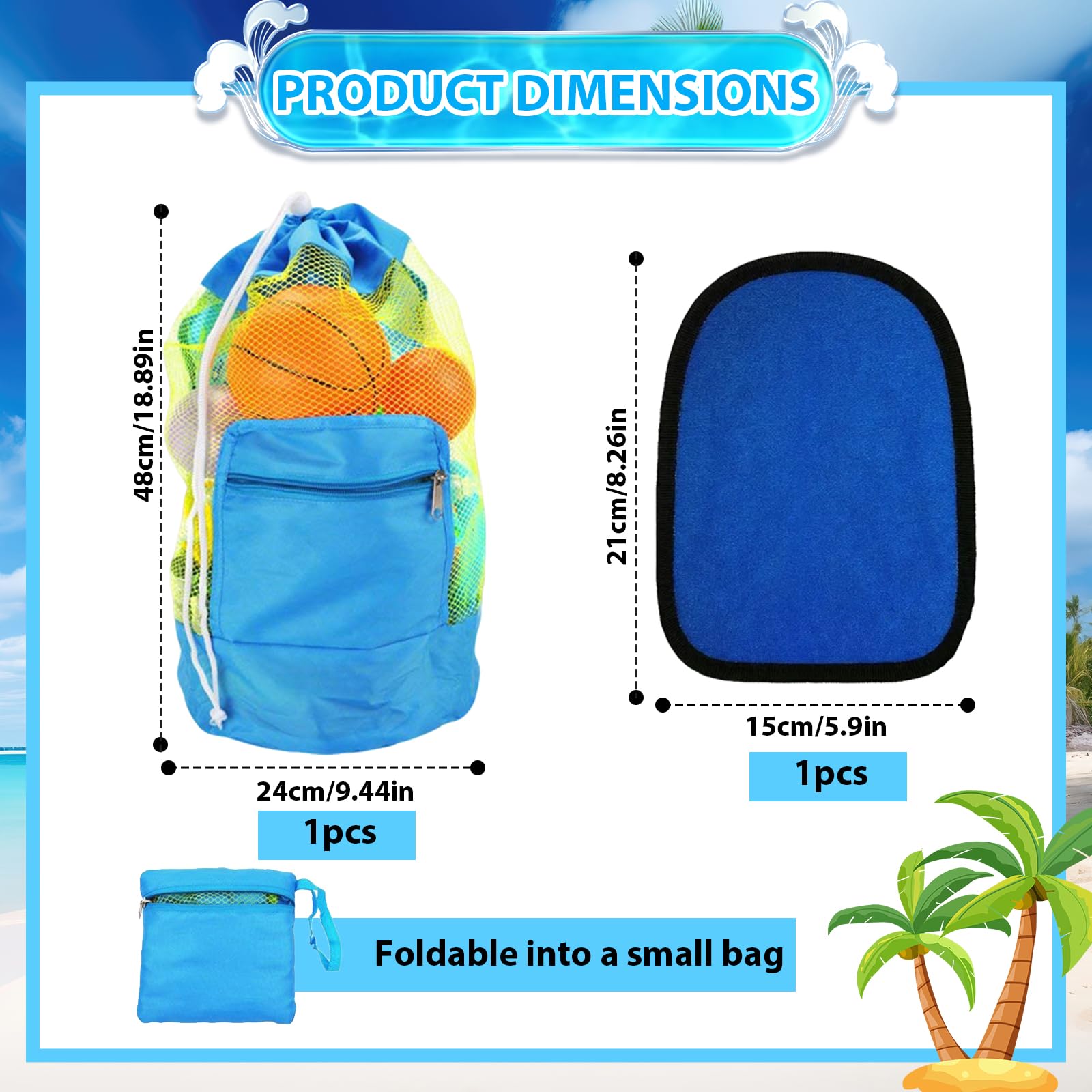 Bolsa de Juguetes Playa de Malla 48 * 24cm Bolsa Plegable de Malla de Playa Azul Incluye 1 Guante Bolsas de Juguetes Plegable Portátil Reutilizable para Niños Guardar Concha