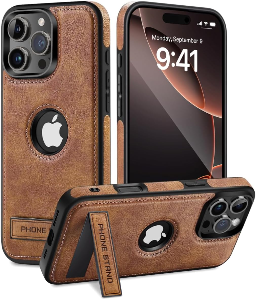 for iPhone 16 Pro Max Leather Case with Hidden Alloy Stand, Logo View Vintage Leather Protective Kickstand Phone Cover 2024 6.9 Inch (Brown)