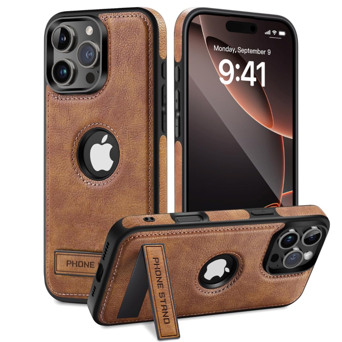 for iPhone 16 Pro Max Leather Case with Hidden Alloy Stand Logo View Vintage Leather Protective Kickstand Phone