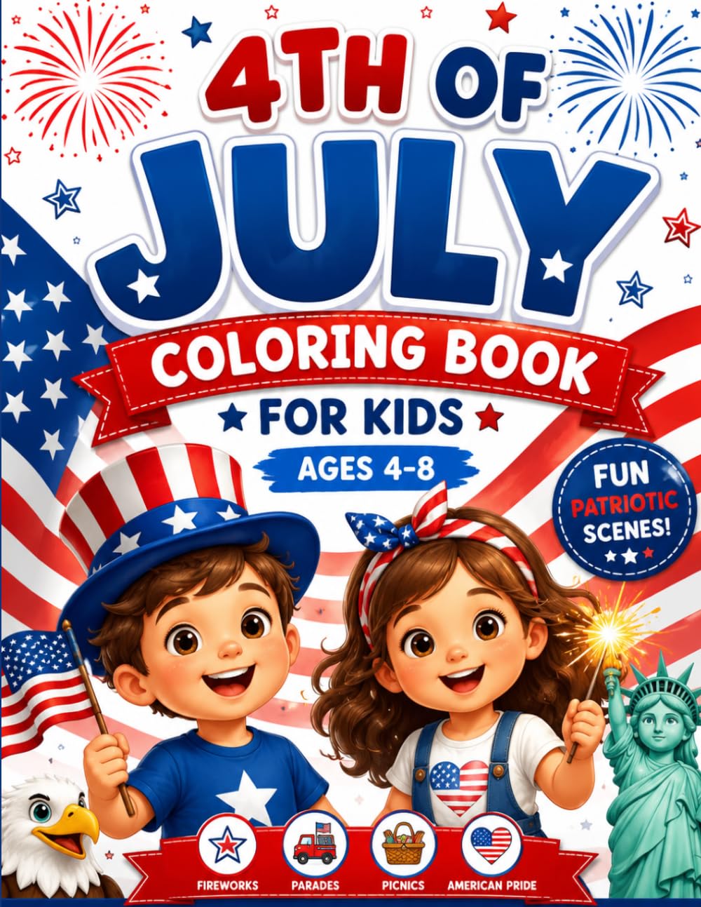 Happy 4th of July Coloring Book for Kids: Fun and Easy Coloring Pages with Fireworks, Flags, Parades, and American Celebrations