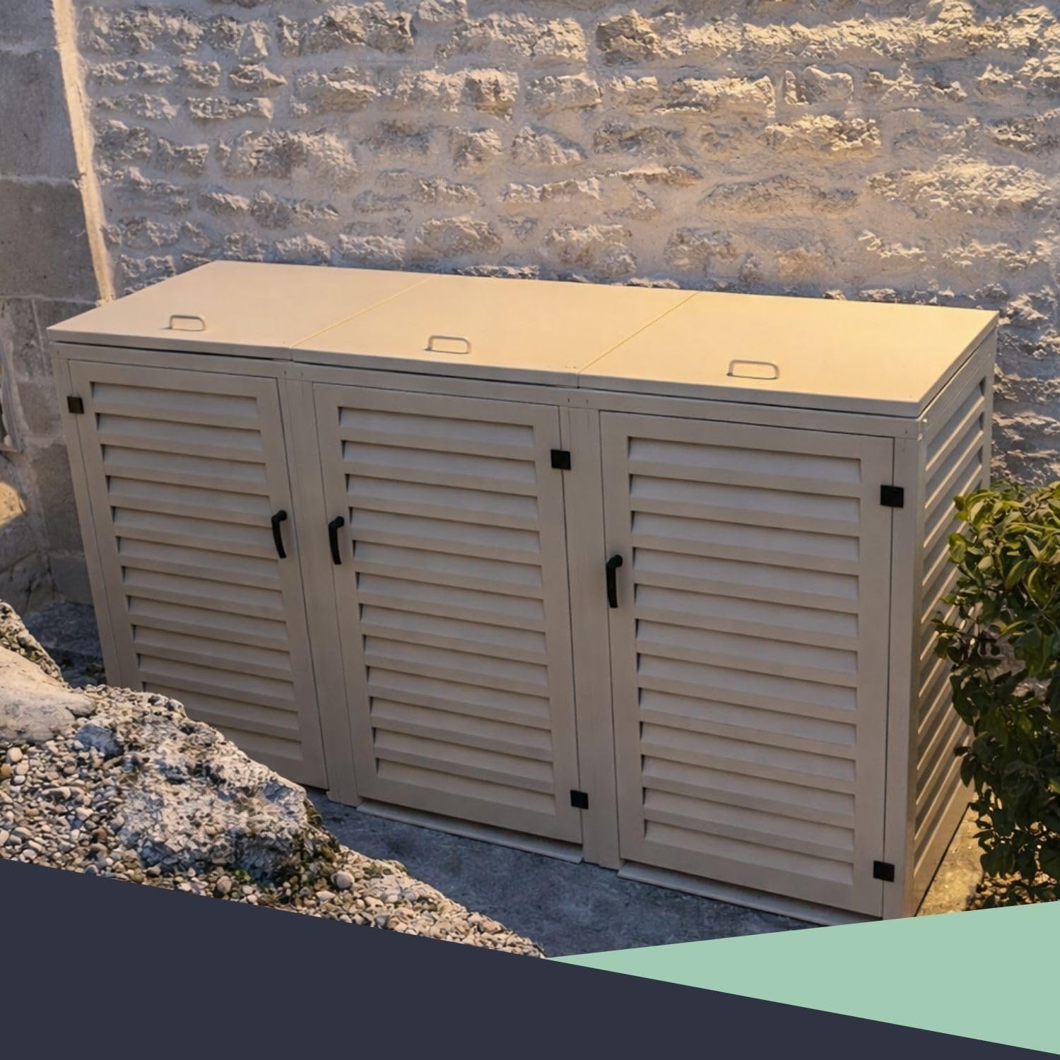 Refugio de basura exterior triple de aluminio termolacado para 3 cubos de basura de dimensiones H. 96 x L 49 x 55 cm (3 x 120 litros) | Crema RAL1015 | Calidad anticorrosión | Fabricación francesa