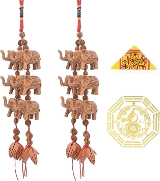 2pcs Chinese Feng Shui Elephant Lucky Hanging Charm Decor for Home Office,Good Luck and Wealth Decorative Ornament with Amulet & Wu Lou Sticker