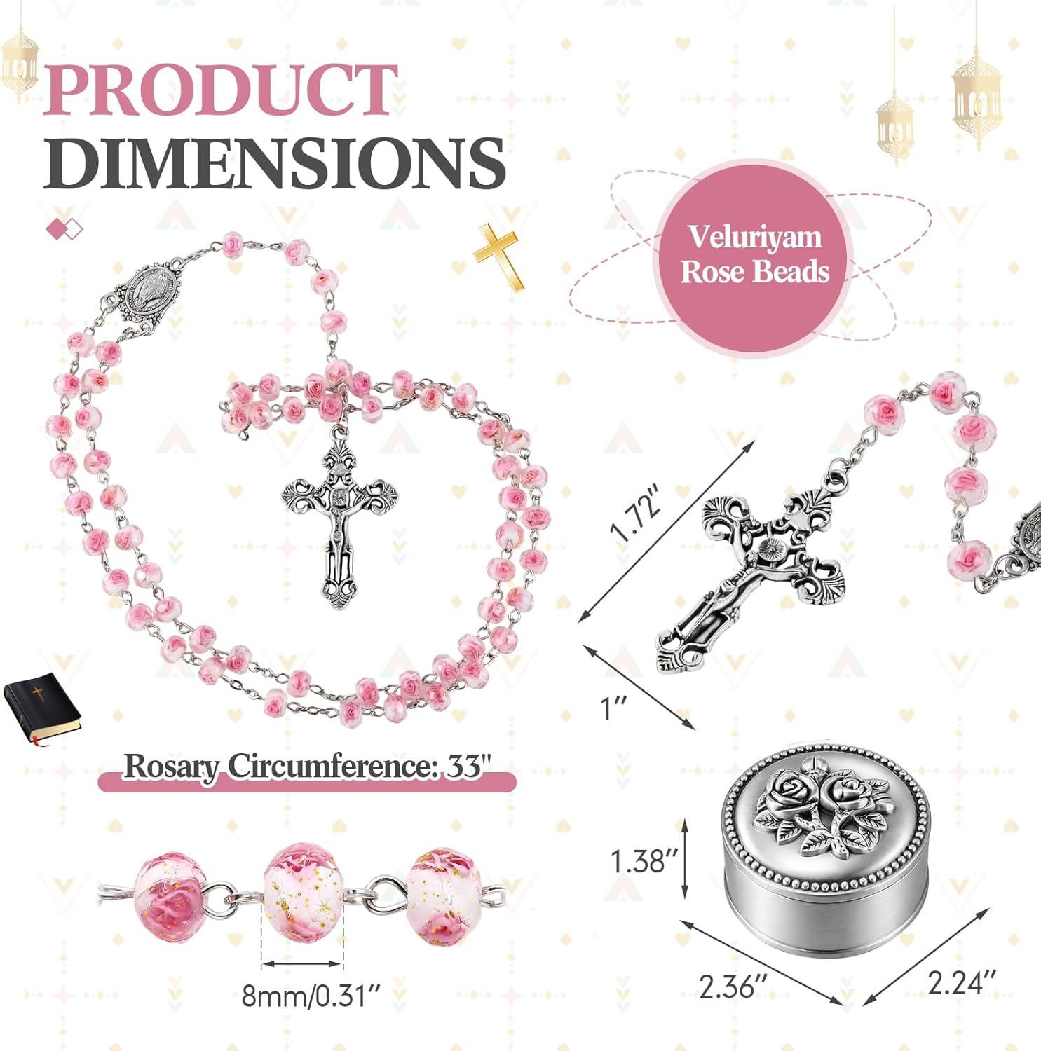 Liliaafar Catholic Handmade Rosary Necklace with 6mm Beads Crucifix Cross Christian in Rose Metal Gift Box Set for Women Men Daily Decor Birthday First Communion Family Baptism Blessing Gift